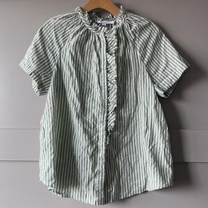 Chicos Shirt Womens 8 Medium Green White Stripe Ruffle Button Front Short Sleeve